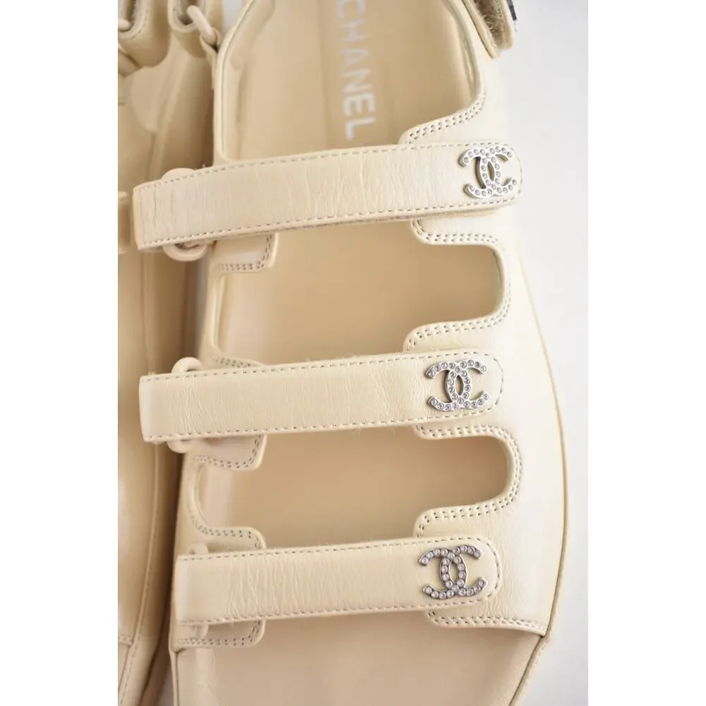 Chanel 24S Beige Leather Triple Strap CC Logo Mule Slide Teva Dad Sandal Flat 41